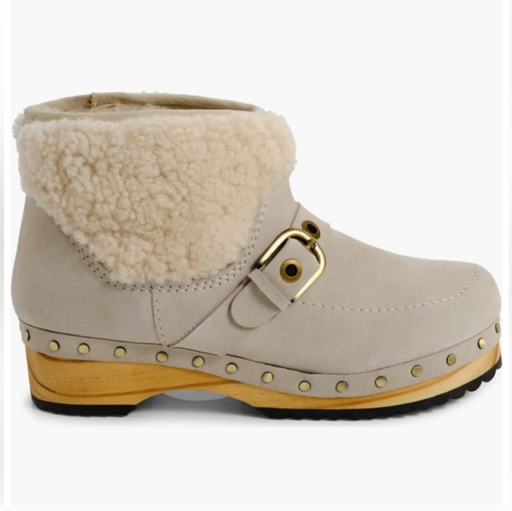 Free People Oak Genuine Shearling Clog Boot Suede Buckle Designer #66